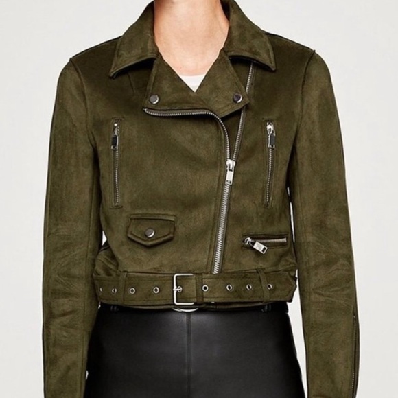 Cropped Suede Jacket in Olive Green - Picture 2 of 4